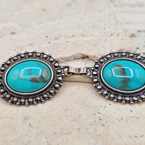 Womens Western Southwest Concho Silver-Tone Chain Faux Turquoise Belt
